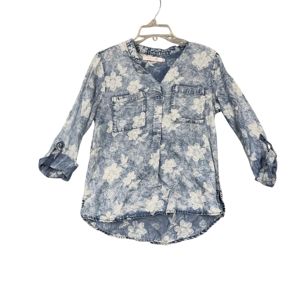 Billy T Blouse Womens XS Blue Floral Chambray Henley Tunic Roll Tab 3/4 Sleeve